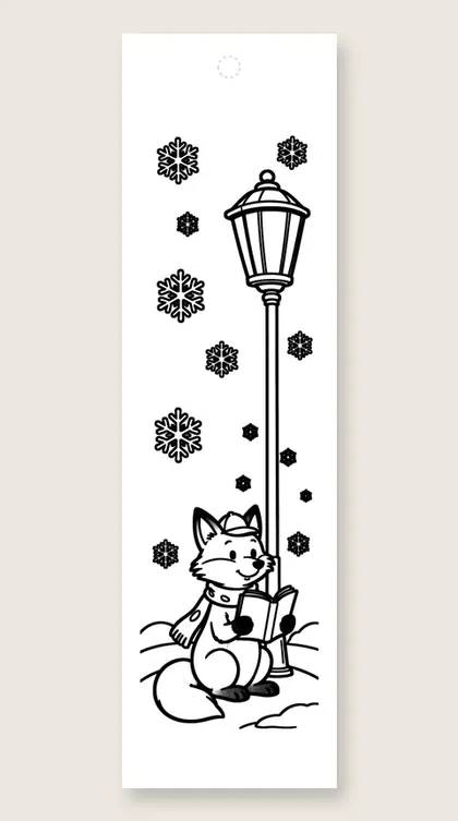 Fox reading under the lamp: Christmas coloring bookmark