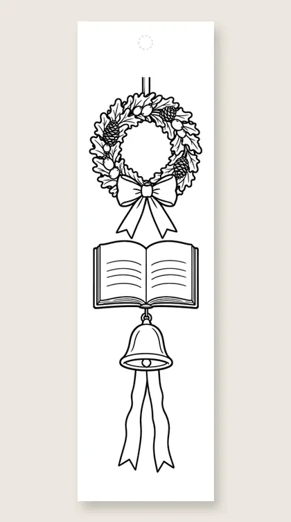 Wreath over a storybook: Christmas coloring bookmark