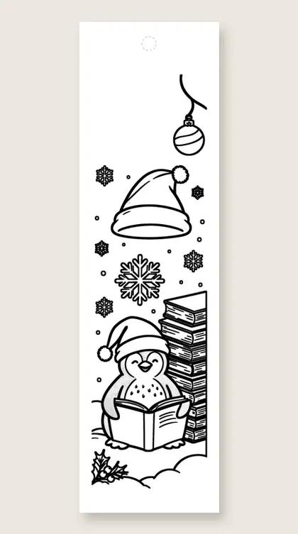 Penguin reading Christmas: Christmas coloring bookmark