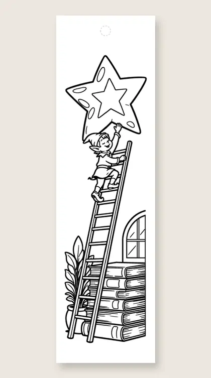 Elf hangs the star: Christmas coloring bookmark