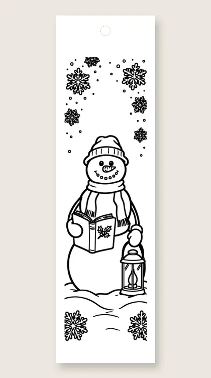 Snowman and his book: coloring bookmark