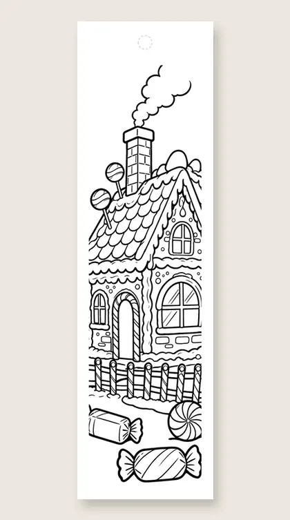 Tall gingerbread house: Christmas coloring bookmark