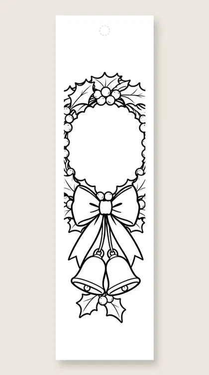 Holly wreath with bells: Christmas coloring bookmark