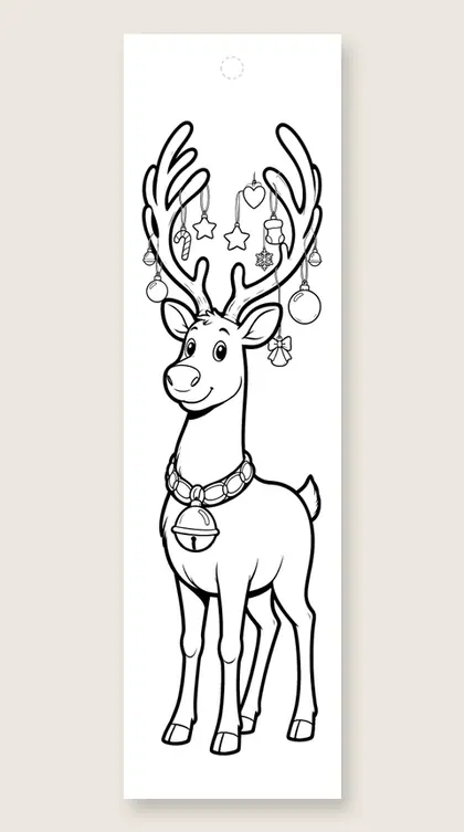 Reindeer with decorated antlers: Christmas coloring bookmark