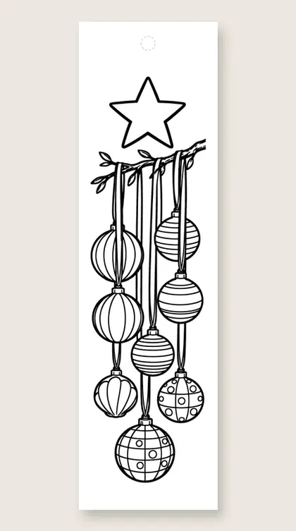 Ornaments on long ribbons: Christmas coloring bookmark