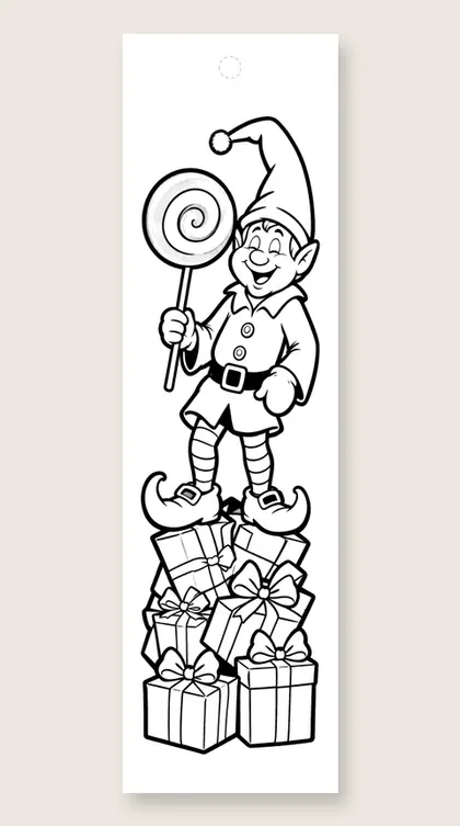Elf with a lollipop: Christmas coloring bookmark