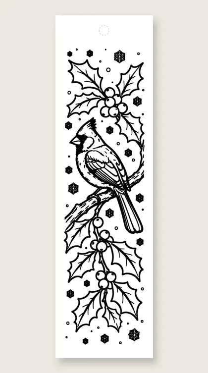 Cardinal on holly: Christmas coloring bookmark