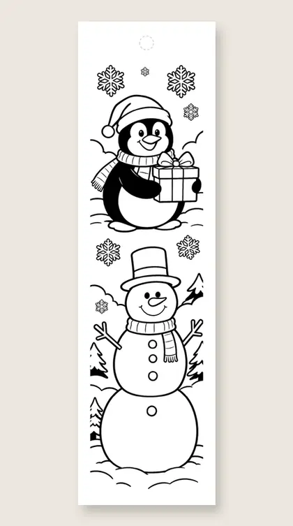 Penguin and snowman: Christmas coloring bookmark