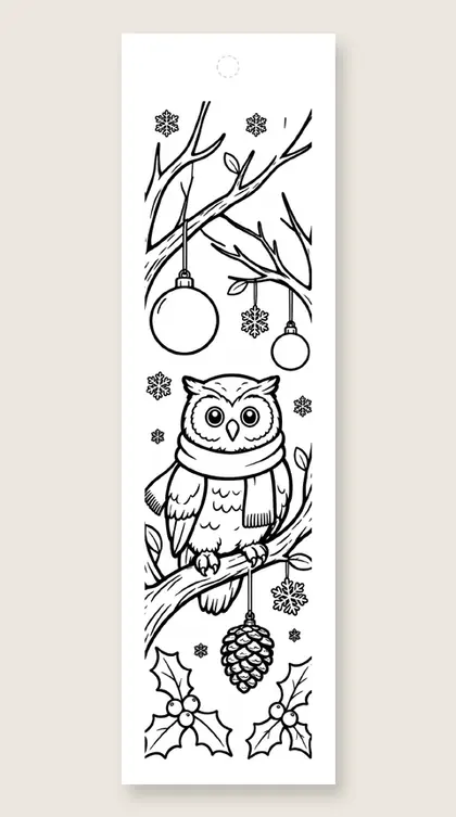 Owl with ornaments: Christmas coloring bookmark