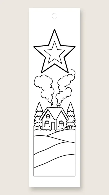 A snowy cottage scene: Christmas coloring bookmark