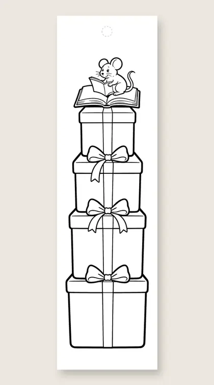 Mouse on the presents: coloring bookmark