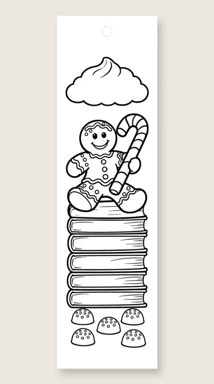 Gingerbread bookworm on books: Christmas coloring bookmark