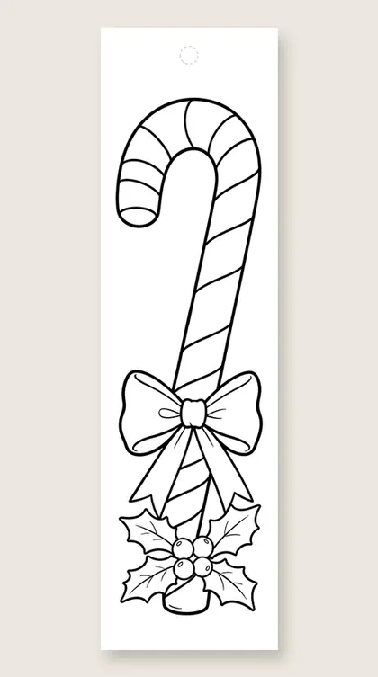 Candy cane with bow: Christmas coloring bookmark
