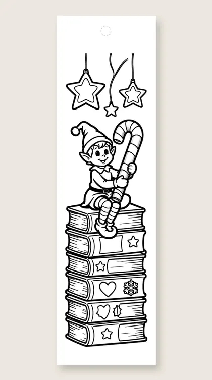 Elf on a book pile: coloring bookmark