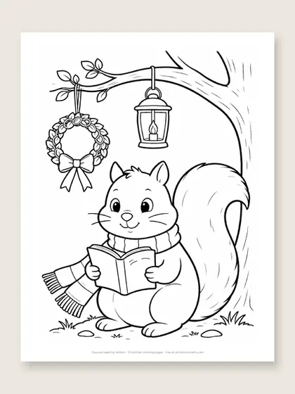 Squirrel reads by lantern: Christmas coloring page