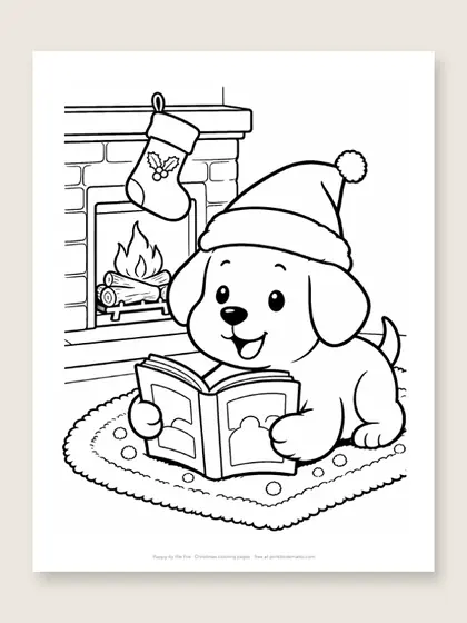 Puppy by the fire: Christmas coloring page