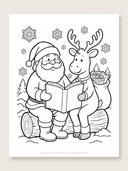 Santa and reindeer read: Christmas coloring page