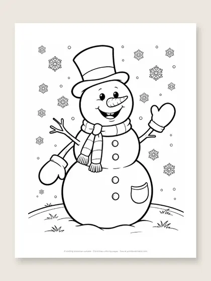 A smiling snowman outside: Christmas coloring page