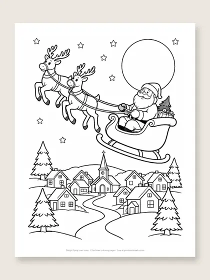 Sleigh flying over town: Christmas coloring page