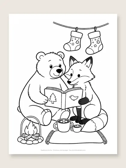 Reading by the fire: Christmas coloring page