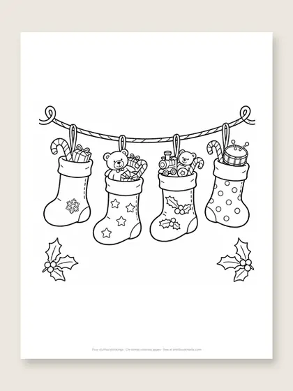 Four stuffed stockings: Christmas coloring page