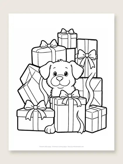 Presents and puppy: Christmas coloring page