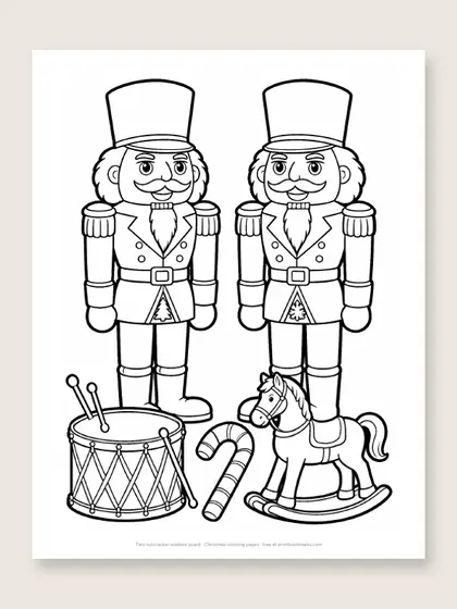 Two nutcracker soldiers guard: Christmas coloring page