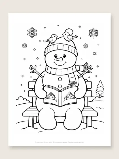 Snowman storytime on bench: snowman coloring page