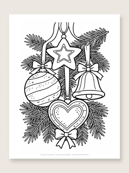 A cluster of ornaments: Christmas coloring page