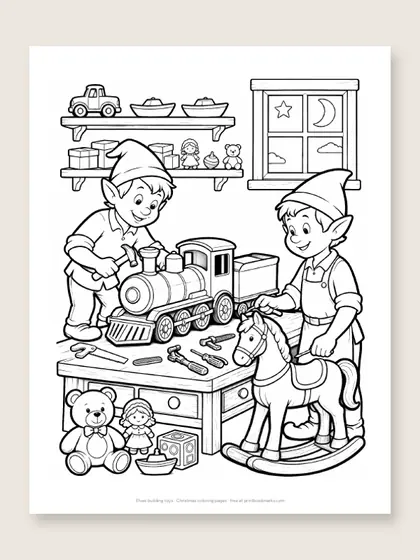 Elves building toys: Christmas coloring page