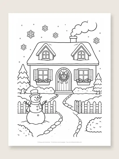 Cottage and snowman: snowman coloring page