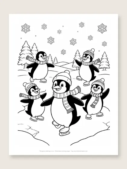 Penguins skating on ice: Christmas coloring page