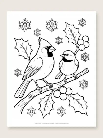 Birds on holly: Christmas coloring page