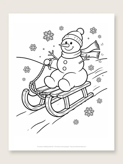 Snowman sledding downhill: snowman coloring page