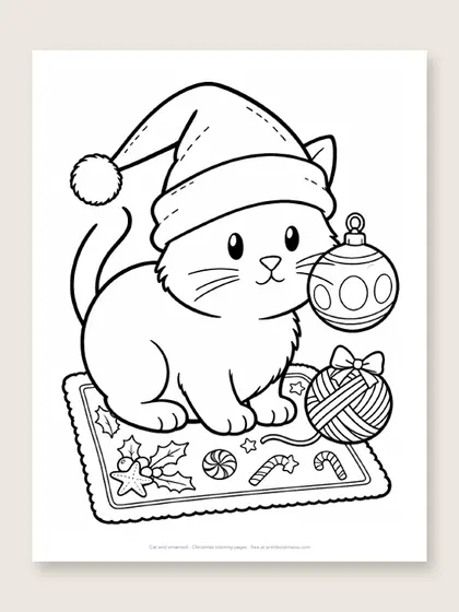 Cat and ornament: Christmas coloring page