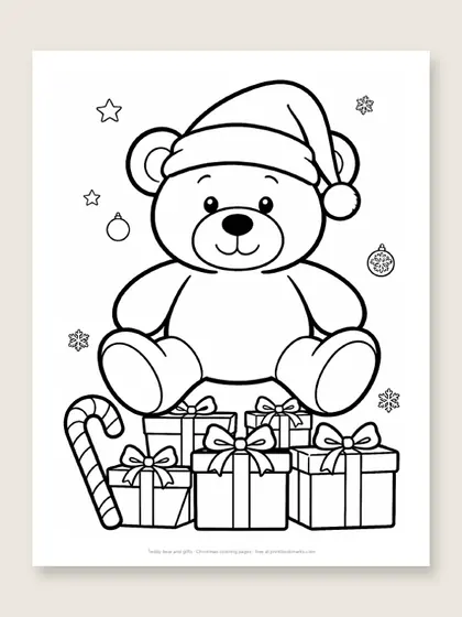 Teddy bear and gifts: bear coloring page