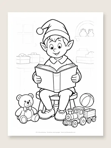 Elf in the workshop: Christmas coloring page