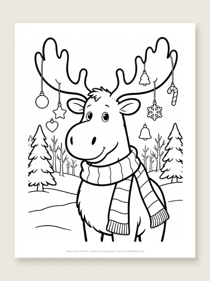 Moose with ornaments: Christmas coloring page