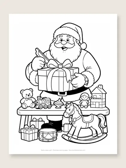 Santa wraps a gift: Christmas coloring page
