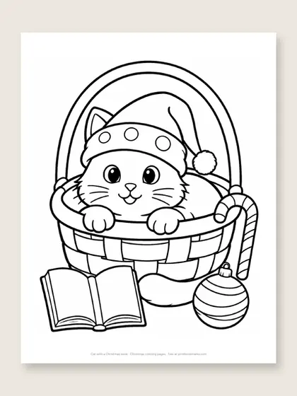 Cat with a Christmas book: Christmas coloring page