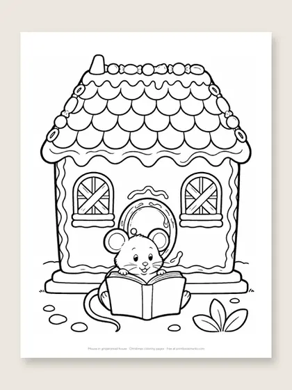 Mouse in gingerbread house: Christmas coloring page