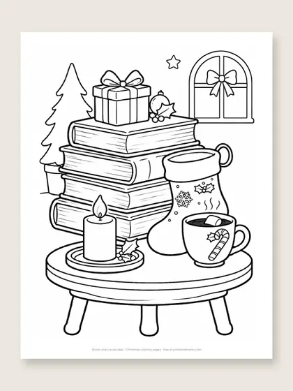 Books and cocoa table: Christmas coloring page