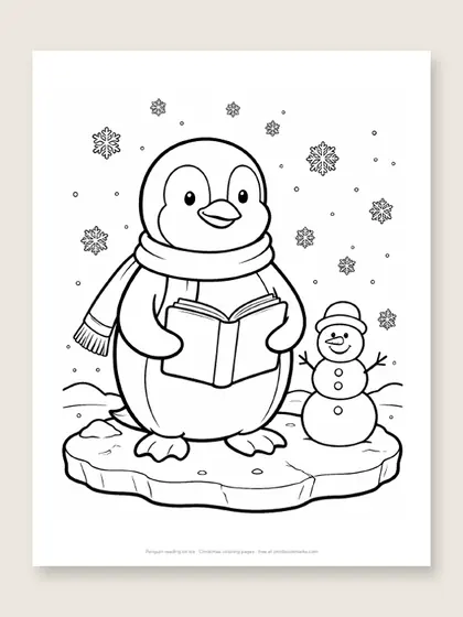 Penguin reading on ice: Christmas coloring page