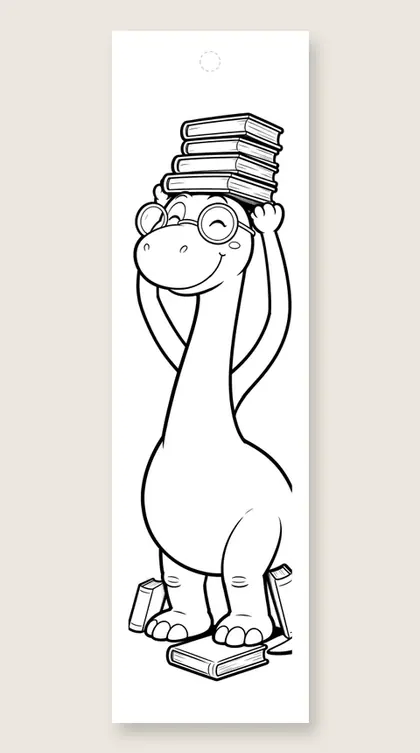 Dino librarian in glasses: coloring bookmark