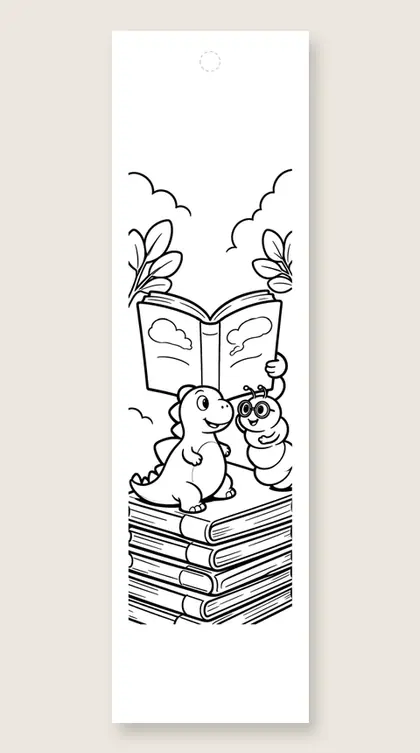 Dino and a bookworm: dinosaur coloring bookmark