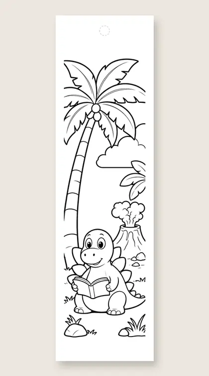 Dino reading by a palm: dinosaur coloring bookmark