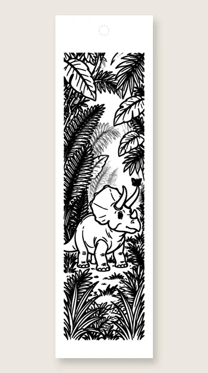 Triceratops in the ferns: dinosaur coloring bookmark