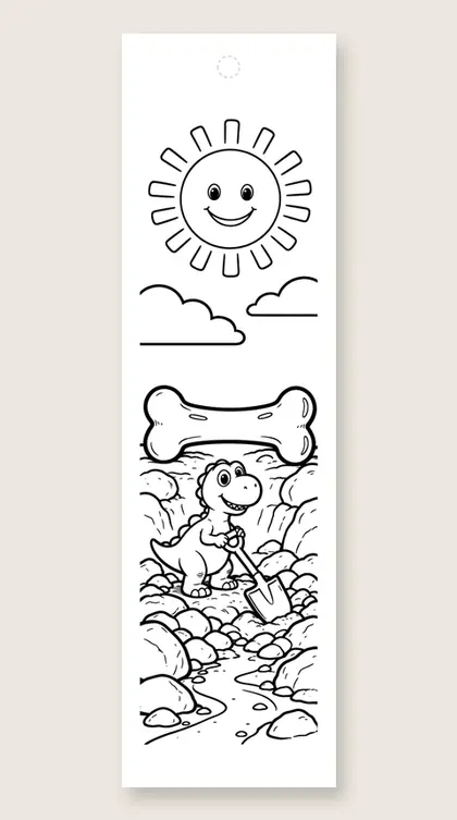Dino digging fossils: dinosaur coloring bookmark