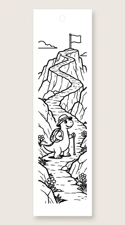 Dino climbing a mountain: dinosaur coloring bookmark