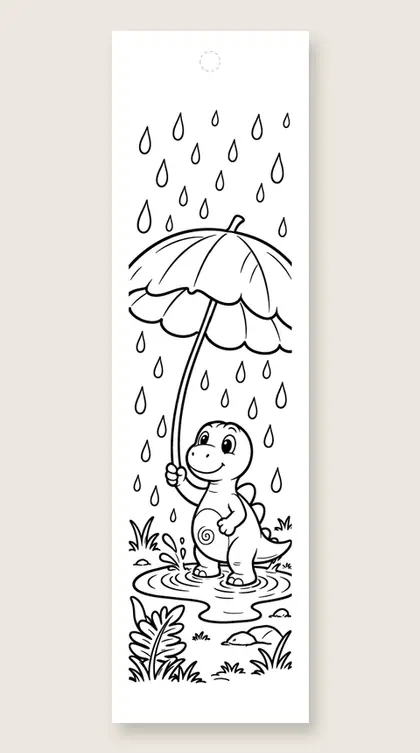 Dino under an umbrella: dinosaur coloring bookmark